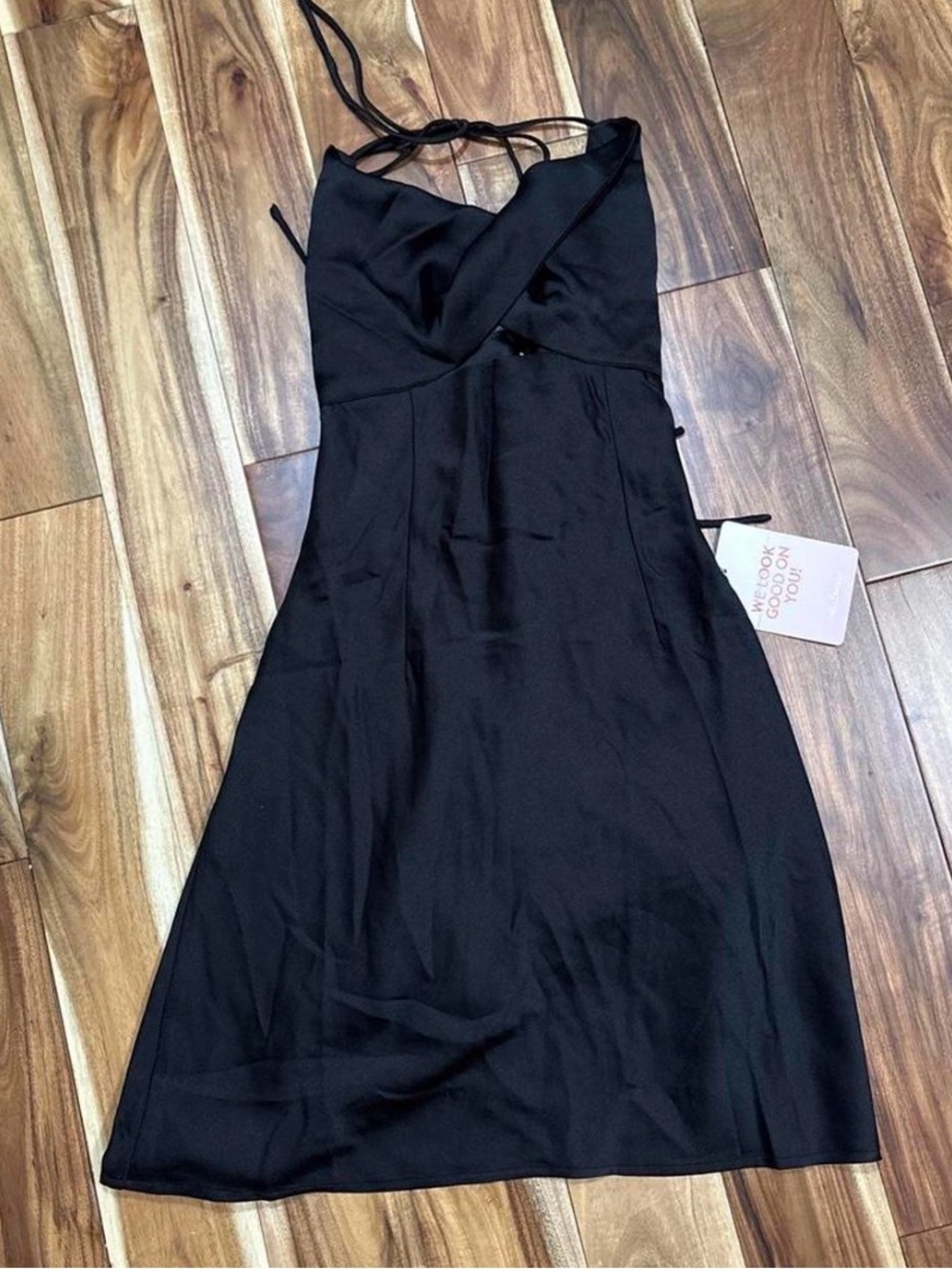 Hello Molly New NWT Black Satin Halter Dress Size 4 Spaghetti Straps